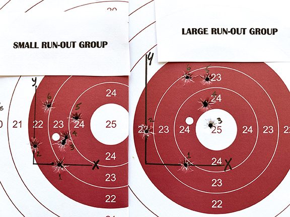 Visually, the group on the left is superior. The white dots mark the calculated group centers. The horizontal line through the lowest shot and the vertical line through the leftmost shot are shown in black for clarity. The numbering of the bullet holes does not indicate the firing order; it is my way of tracking them as I measure.